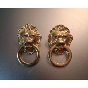 K.J.L. for Avon Vintage Lion Head Door Knocker Earrings Gold Tone Rhinestone Eye